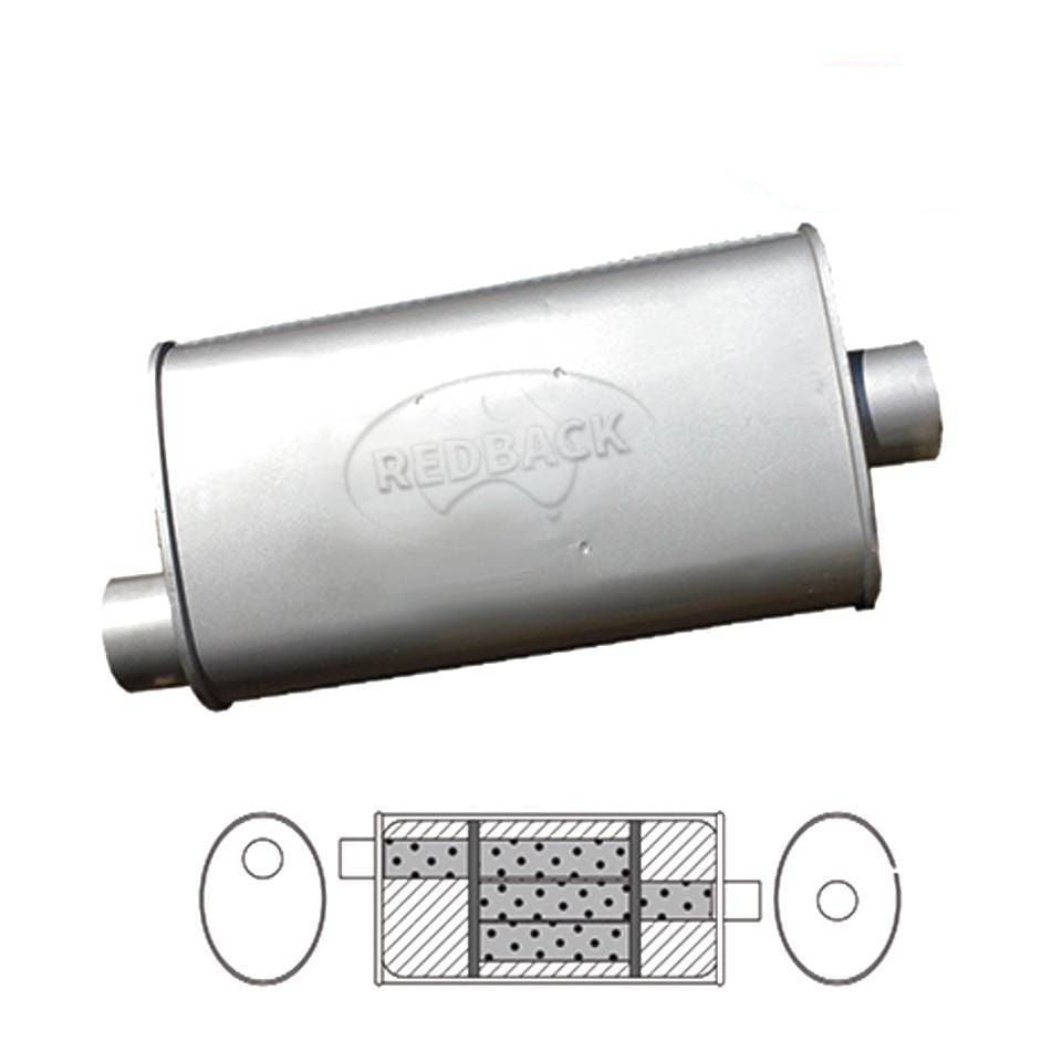 Redback - 57mm Chambered Muffler Offset/Centre 406x254x102mm Oval Aluminised Steel