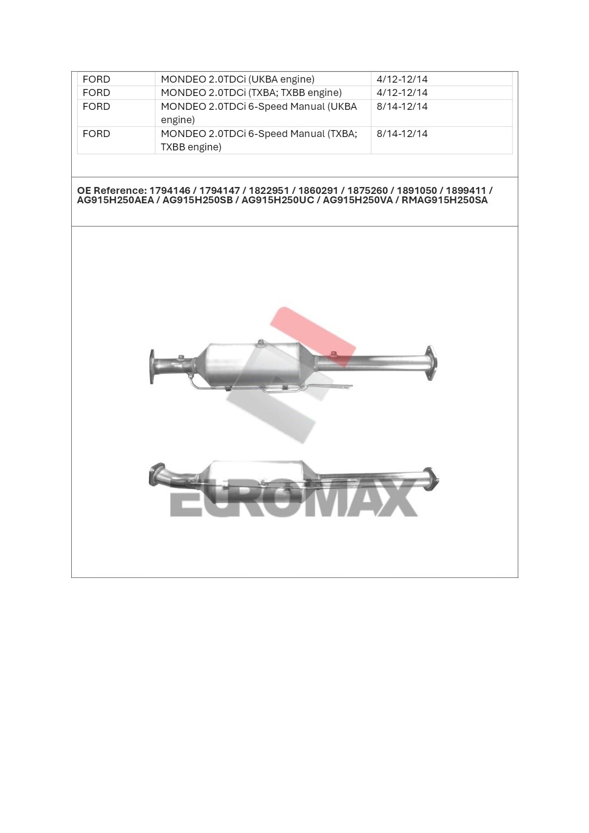 DPF/CAT Kit for Ford Mondeo MB MC 2L 3 sensor holes – Euromax Diesel Particulate Filter