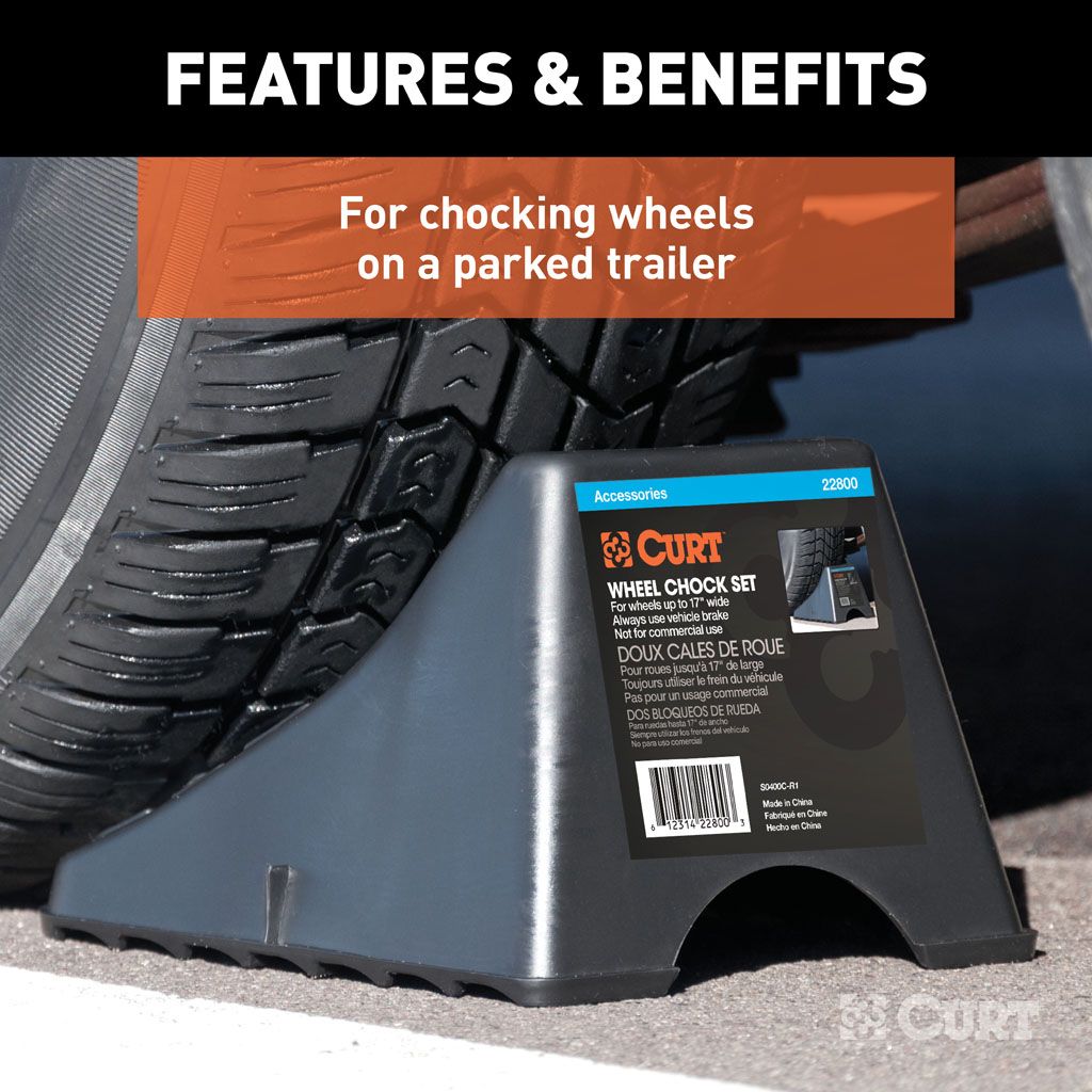 CURT | Wheel Chock Set Up To 17" Wide Wheels | Black Plastic | 22800