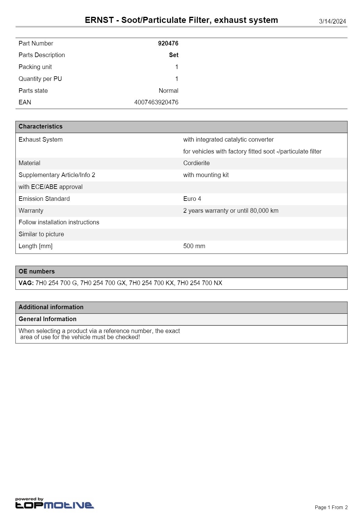 DPF Kit for Volkswagen Transporter T5, Multivan 1.9L BRS / BRR – Ernst Diesel Particulate Filter