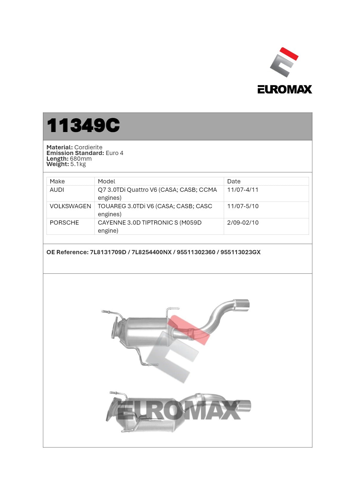 Euromax Diesel Particulate Filter VW Touareg Audi Q7 3.0L CASA Single Pipe SUV 2007–2010 - 11349C