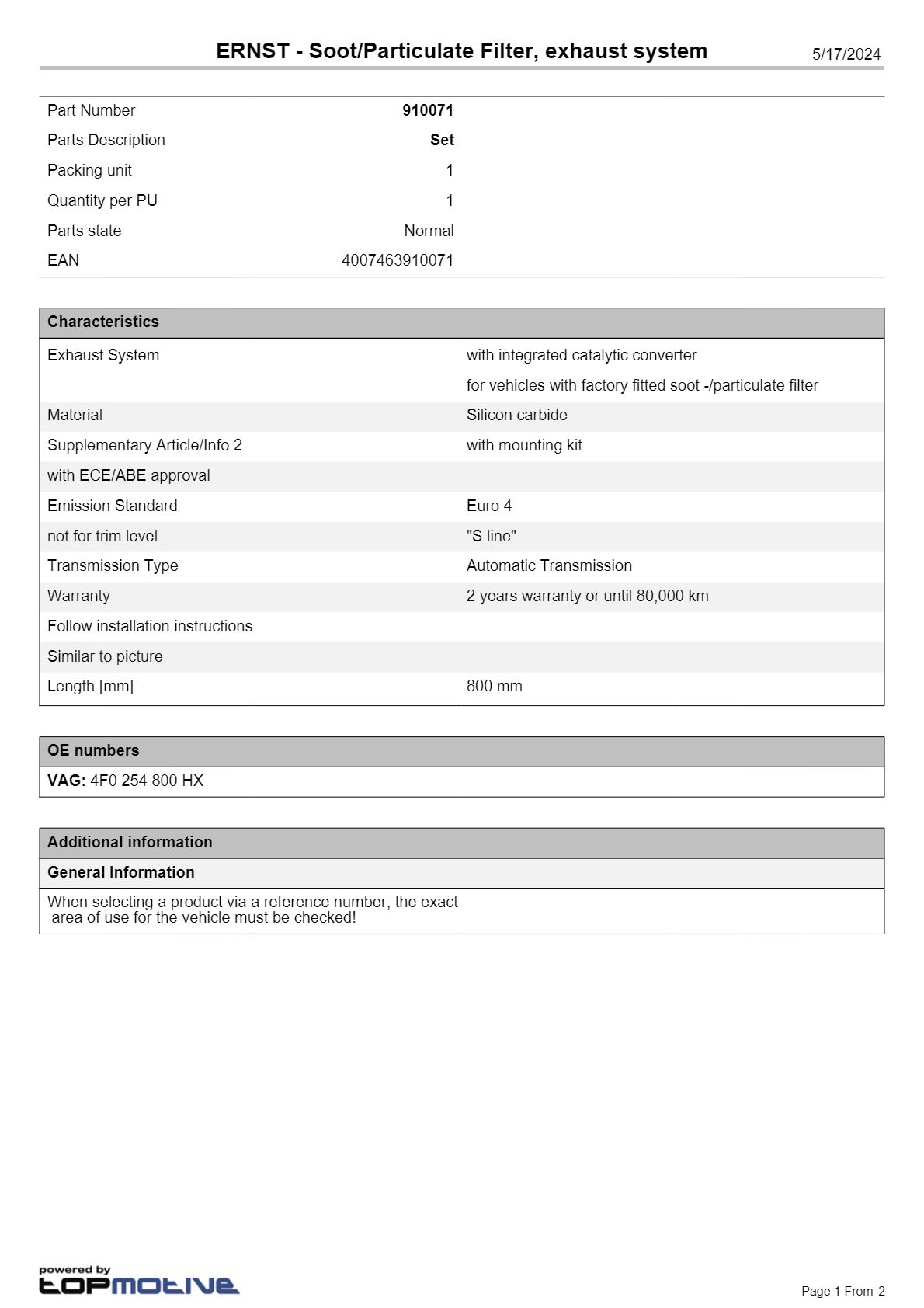 DPF Kit for Audi A6 3.0L – Ernst Diesel Particulate Filter