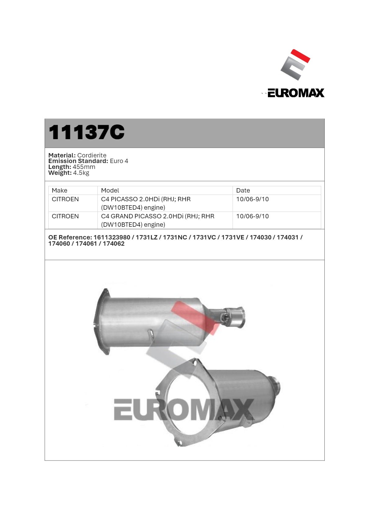 Euromax Diesel Particulate Filter Citroen C4 & C4 Picasso 2.0L Hatchback & MPV 2006–2010 - 11137C