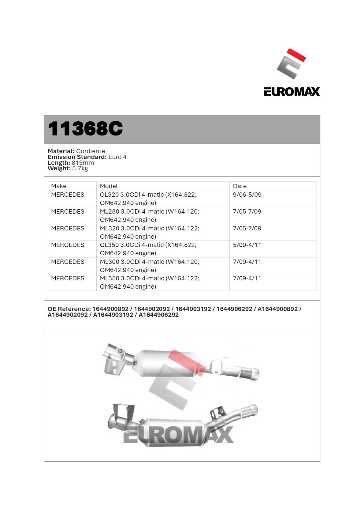 DPF Kit for Mercedes GL320, GL350, ML280, ML300, ML320, ML350 3.0L (2005–2011) – Euromax Diesel Particulate Filter