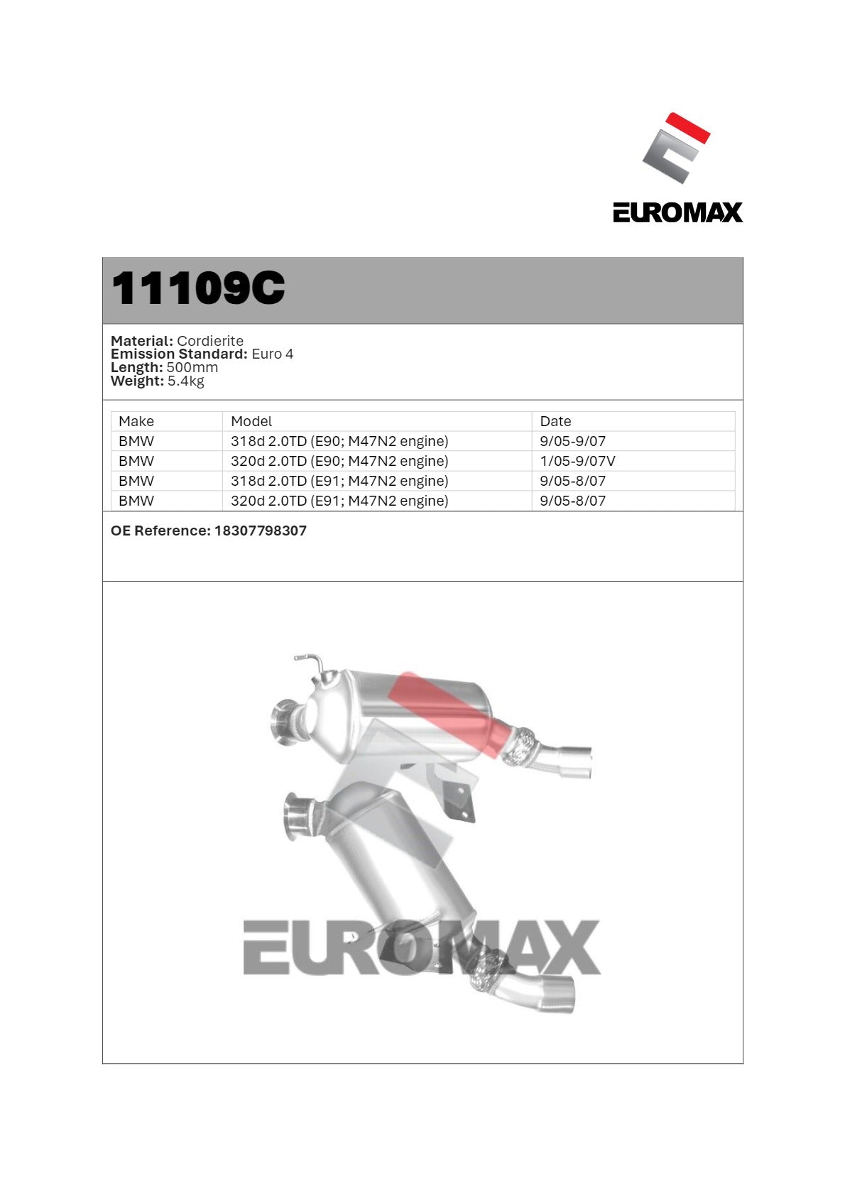 Euromax Diesel Particulate Filter BMW 320d 2.0L M47D20 E90 E91 Sedan Wagon 2005–2007 - 11109HC
