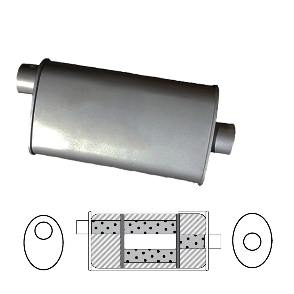 Redback - 8" x 5" Oval, 22" Long, 2 1/4" Offset/Centre Turbo Flow Universal Muffler Aluminised Steel Without Spigots