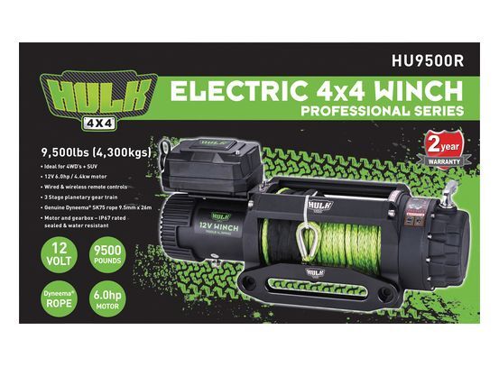 Hulk 4X4 - ELEC WINCH 12v PROFESSIONAL SERIES 9500lbs DYNEEMA ROPE