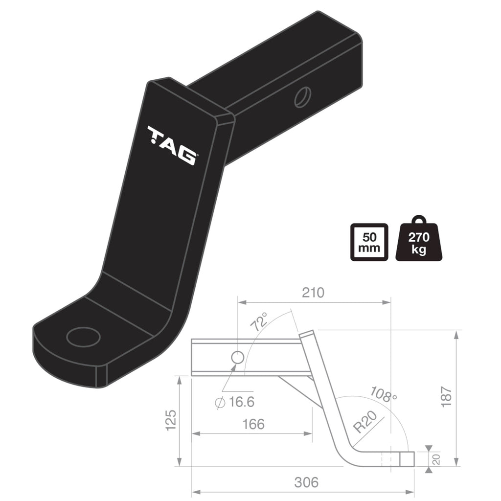 TAG | Heavy Duty Tow Ball Mount | 210mm Long 130mm Drop 50mm Square Hitch | L4006