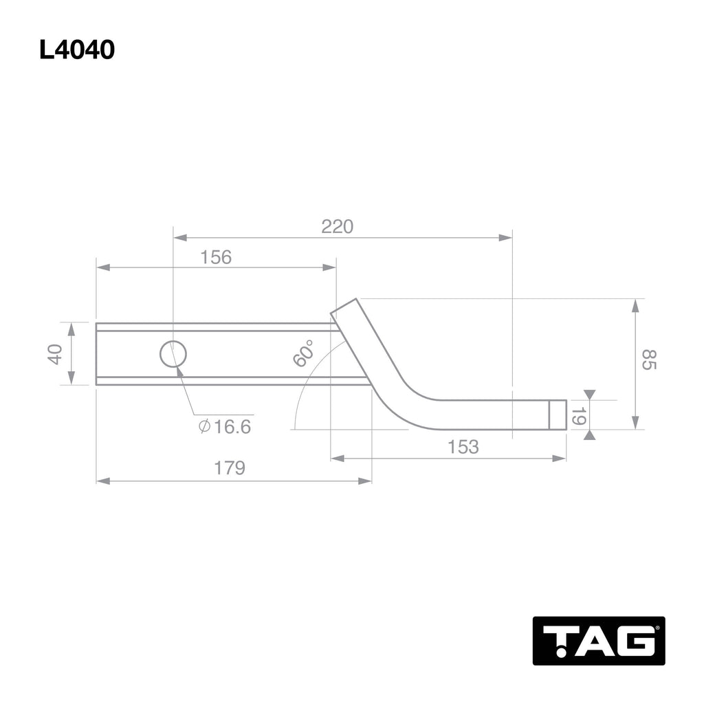 TAG | Medium Duty Tow Ball Mount | 220mm Long 0mm Drop 40mm Square Hitch | L4040