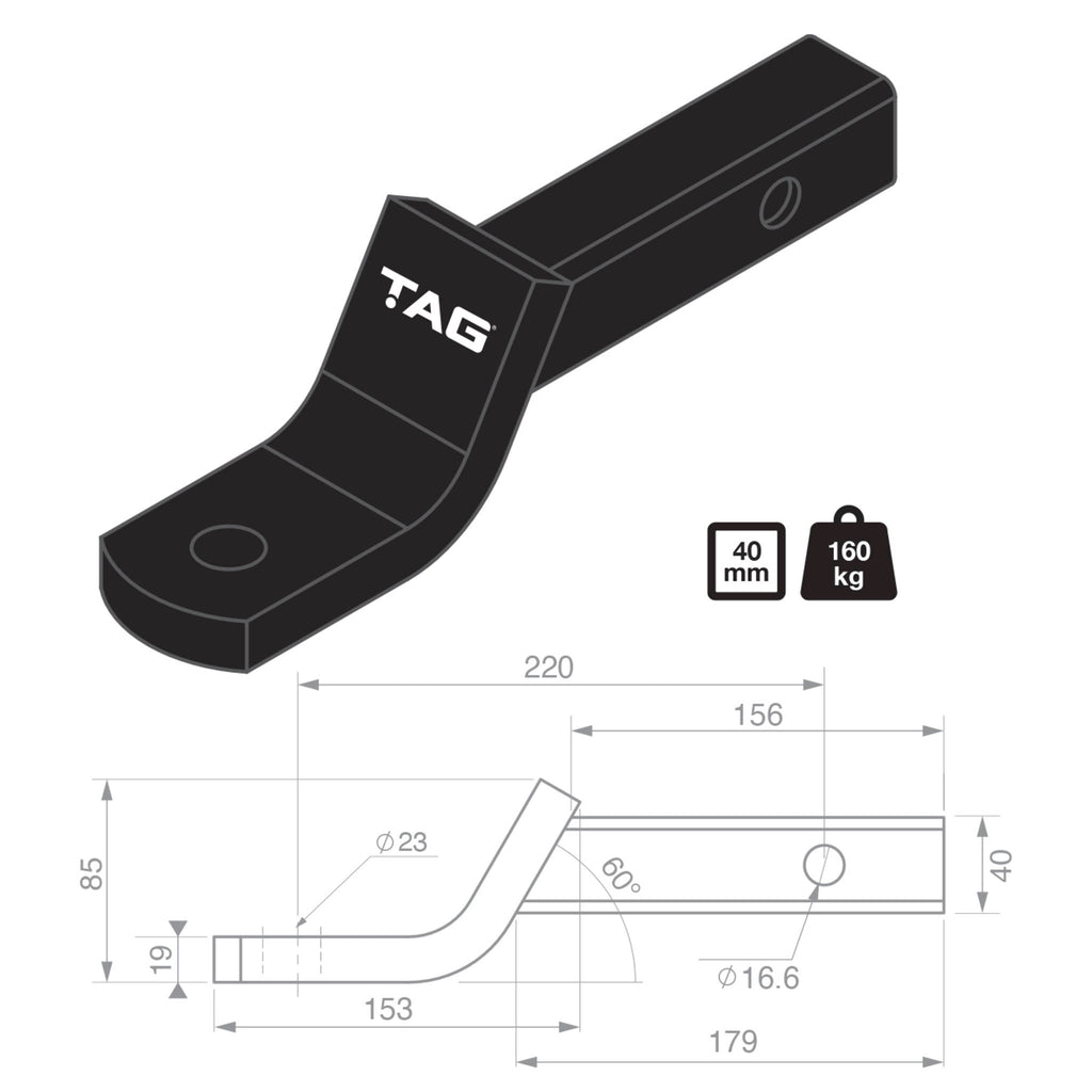 TAG | Medium Duty Tow Ball Mount | 220mm Long 0mm Drop 40mm Square Hitch | L4040