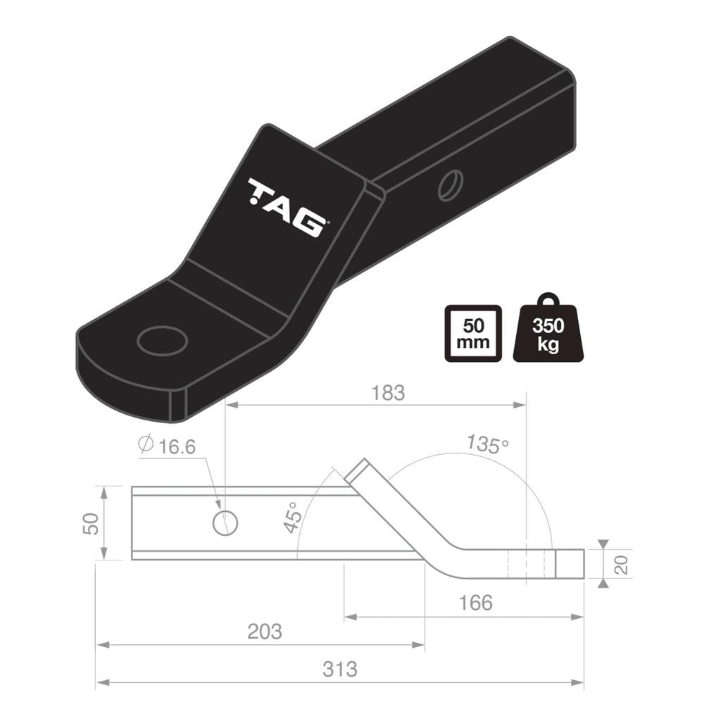 TAG | Heavy Duty Tow Ball Mount | 183mm Long 18mm Drop 50mm Square Hitch | L4045S