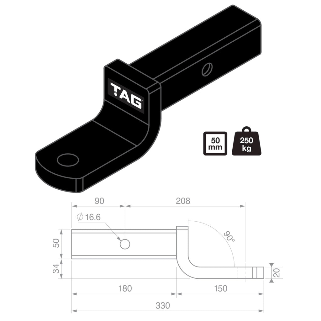 TAG | Tow Ball Mount 50mm Square Hitch | 208mm Long 40mm Drop 2500kg GTW | L4180