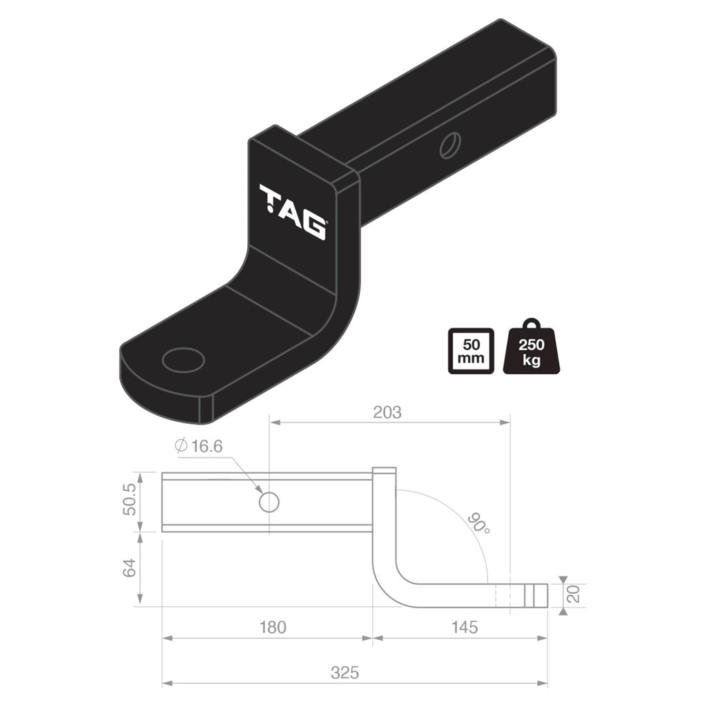 TAG | Heavy Duty Tow Ball Mount | 203mm Long 70mm Drop 50mm Square Hitch | L4181