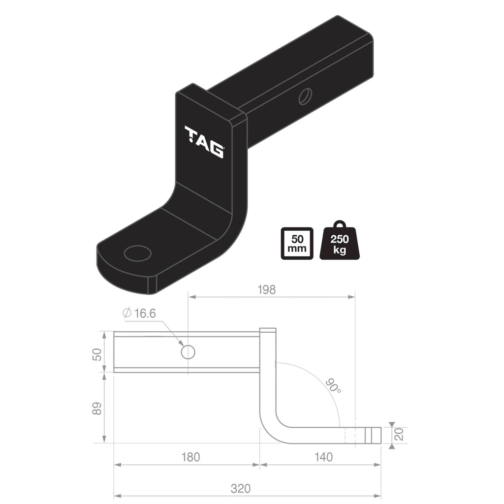 TAG | Heavy Duty Tow Ball Mount | 198mm Long 95mm Drop 50mm Square Hitch | L4182