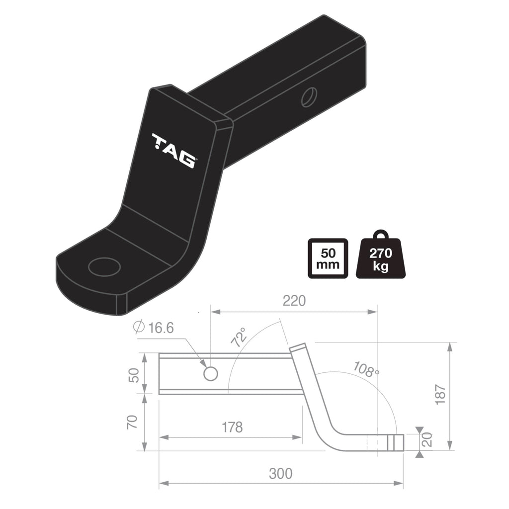 TAG | Heavy Duty Tow Ball Mount | 220mm Long 50mm Drop 50mm Square Hitch | L4314