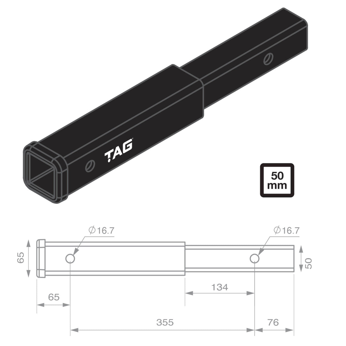 TAG | Hitch Extender 356mm Long | 50mm Square Hitch Bike Rack Use Only | L4H01