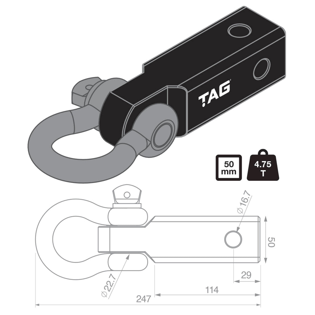 TAG | Recovery Hitch with Fixed Bow Shackle | 4.75T Rated 50mm Square Hitch | L4R01