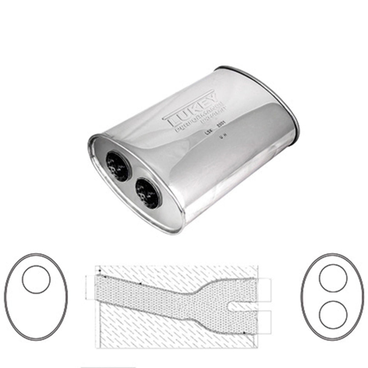 Lukey - 2 1/2" ID - Oval Muffler - 14" Long x 10" Wide x 5 1/4" High - Offset / Dual 2 1/4" Offset Exits - Megaflow Glass Packed - Stainless Steel