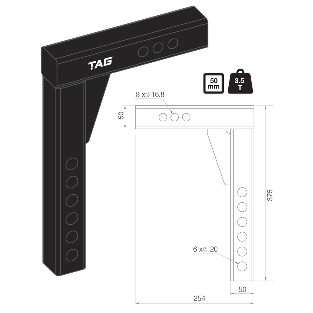 TAG | Adjustable Heavy Duty Tow Ball Mount 90° Face | Universal 50mm Square Hitch 360mm Drop | UNTTBM150