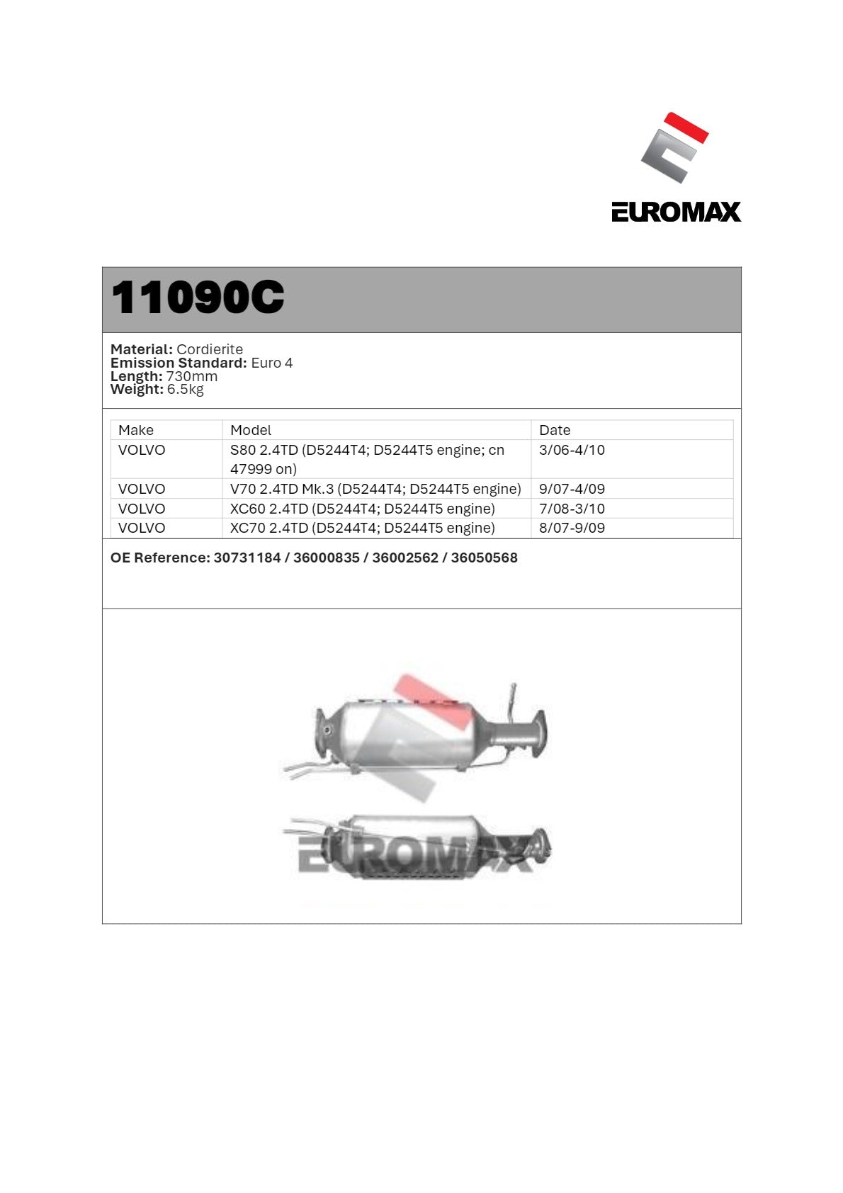 DPF Kit for Volvo 2.4 60 70 90 – Euromax Diesel Particulate Filter