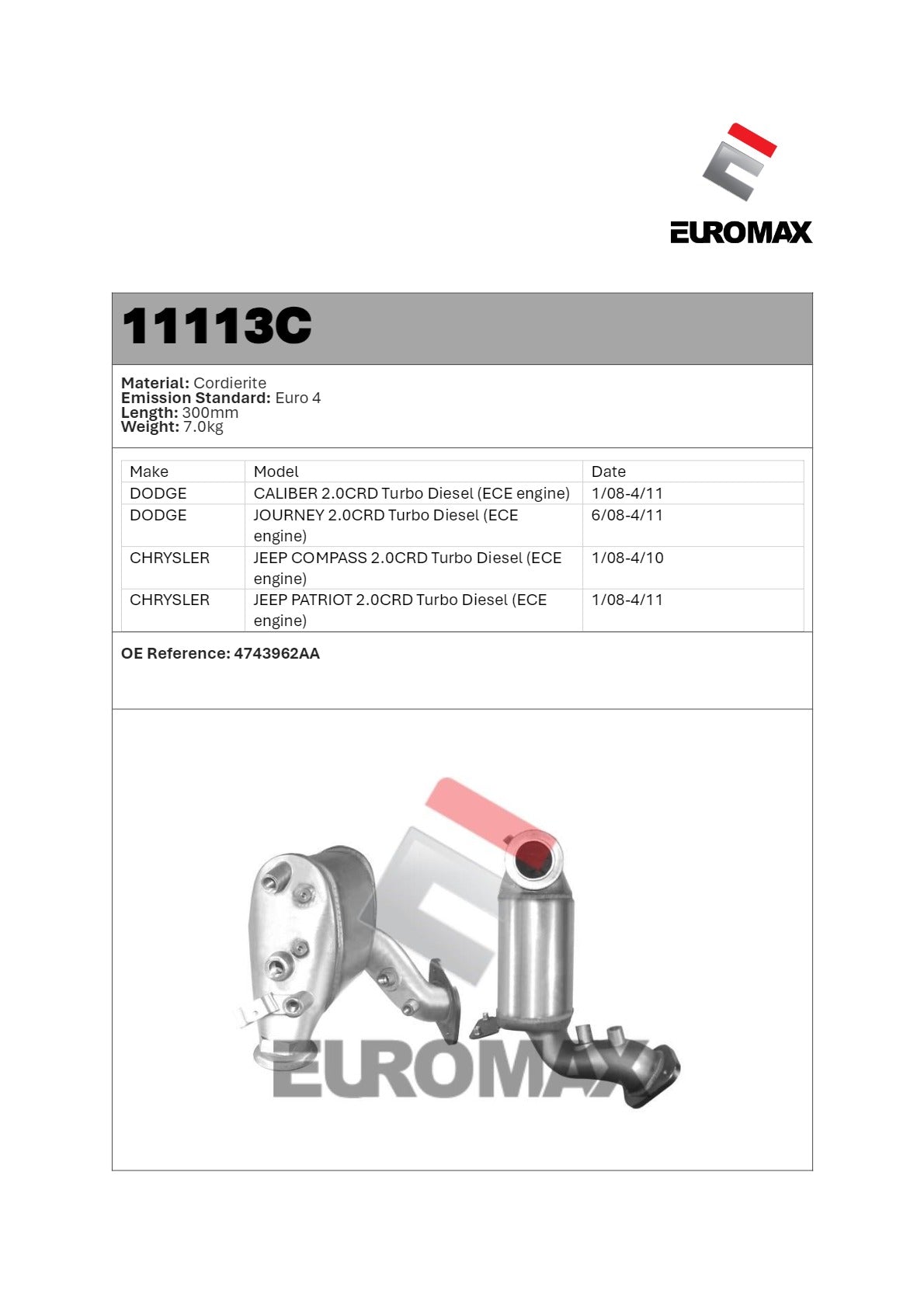 Euromax Diesel Particulate Filter Jeep Dodge 2.0L ECE Compass Patriot Caliber Journey 2008–2013 - 11113C