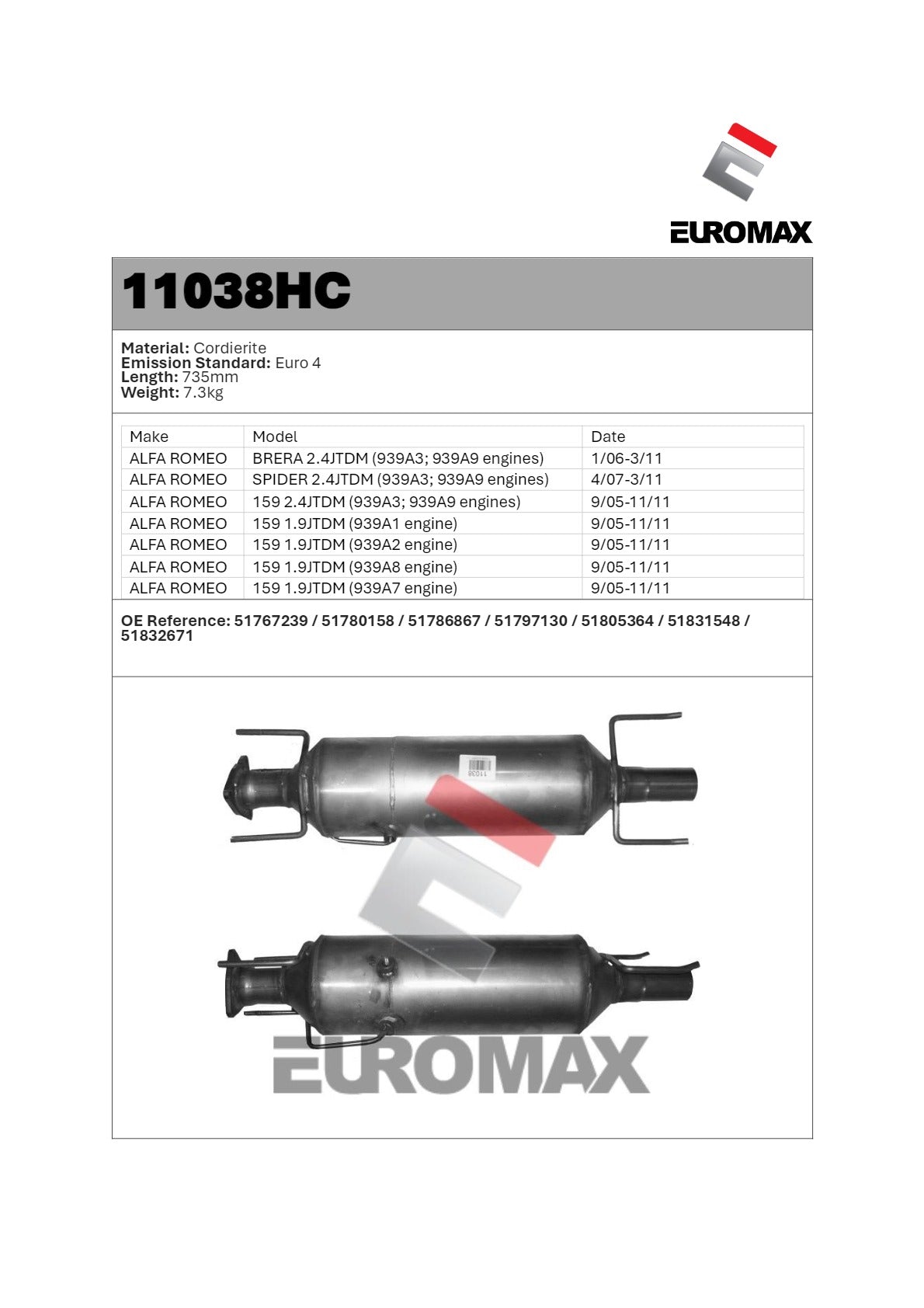 Euromax Diesel Particulate Filter Alfa Romeo 159 1.9L 2.4L JTDM Sedan Wagon 2005–2011 - 11038HC