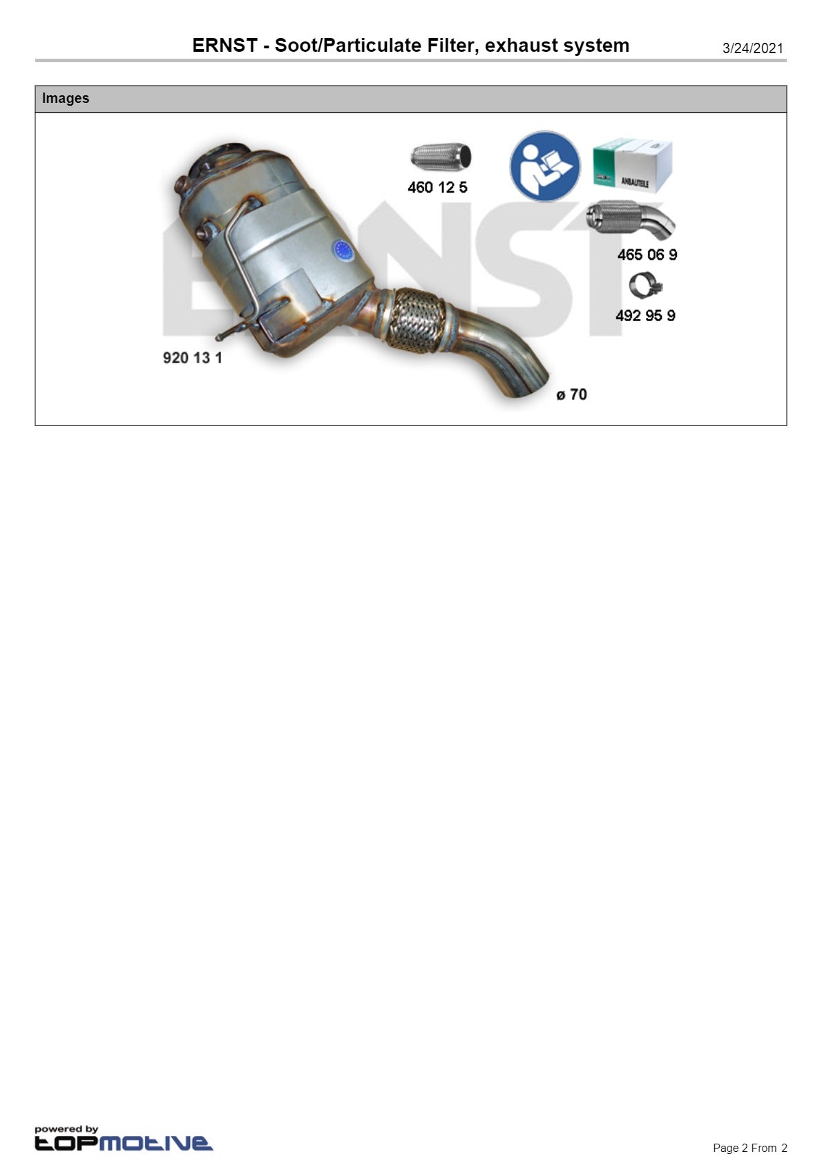 Ernst Diesel Particulate Filter BMW X5 X6 xDrive 35d 3.0L M57D30 E70 E71 SUV 2008–2010 - 920131