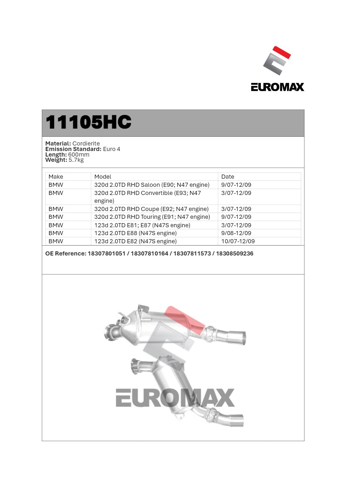 DPF/CAT Kit for BMW X1 E84 2.0L N47 – Euromax Diesel Particulate Filter