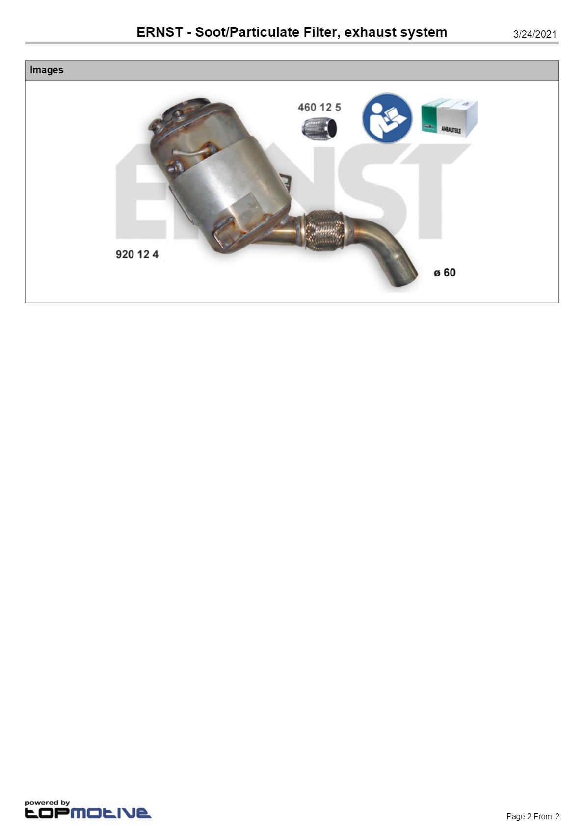 Ernst Diesel Particulate Filter BMW X5 xDrive 30d 3.0L M57D30 E70 SUV 2007–2010 - 920124