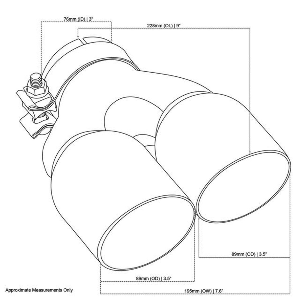 Exhaust Tip - 3 Inch In - Dual 3.5" Out - 9" Long RHS (Y-Piece - Inner Cone - Stainless Steel)