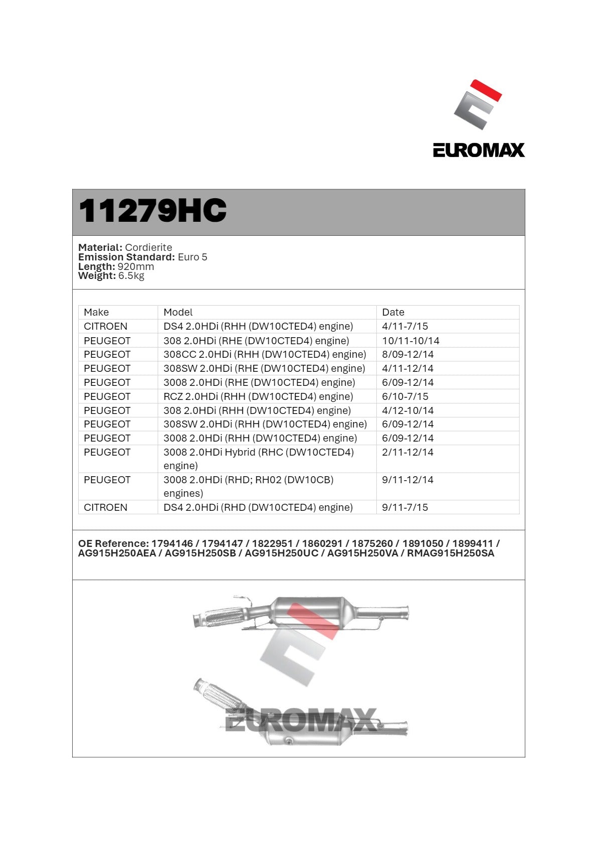 DPF/CAT Kit for Peugeot 308, 3008 & Citroen DS4 2.0L RHC, RHD, RHE, RHH (2009–2015) – Euromax Diesel Particulate Filter