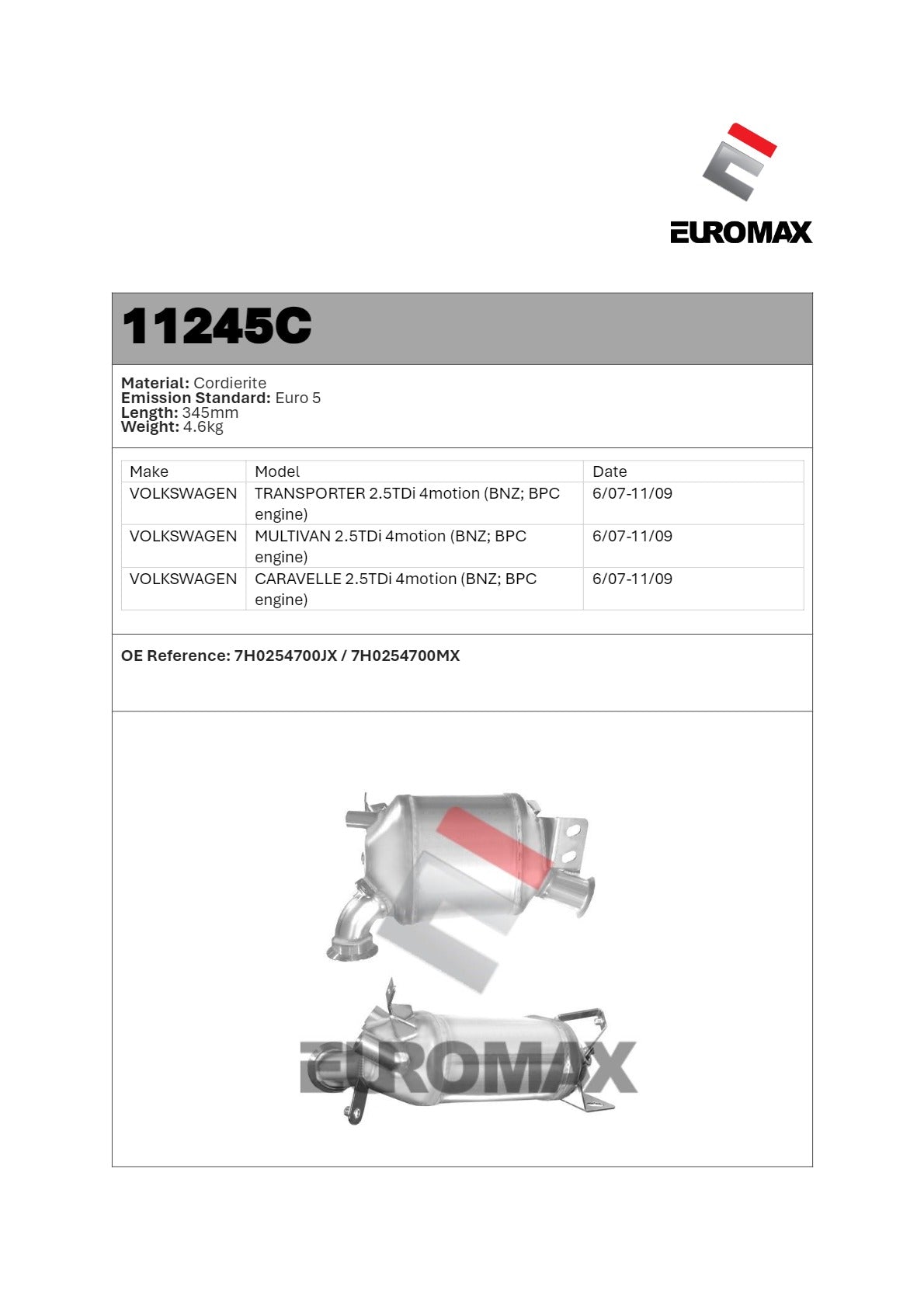 DPF Kit for VW Transporter, Multivan & Caravelle 2.5 TDI 4Motion (2007–2009) – Euromax Diesel Particulate Filter