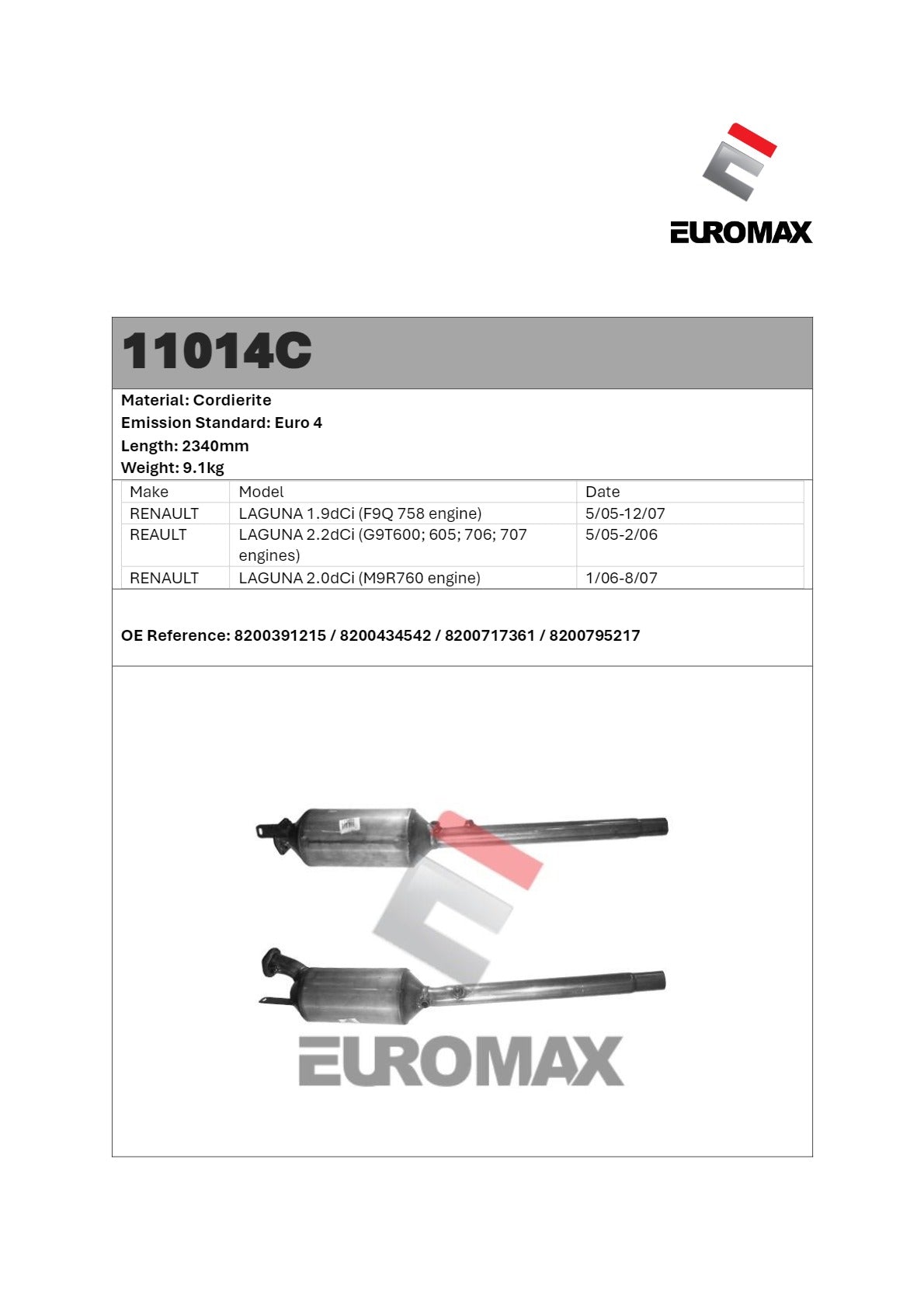 Euromax Diesel Particulate Filter Renault Laguna 2.0L 2.2L M9R G9T Mk2 Hatch/Wagon 2005–2007 - 11014C