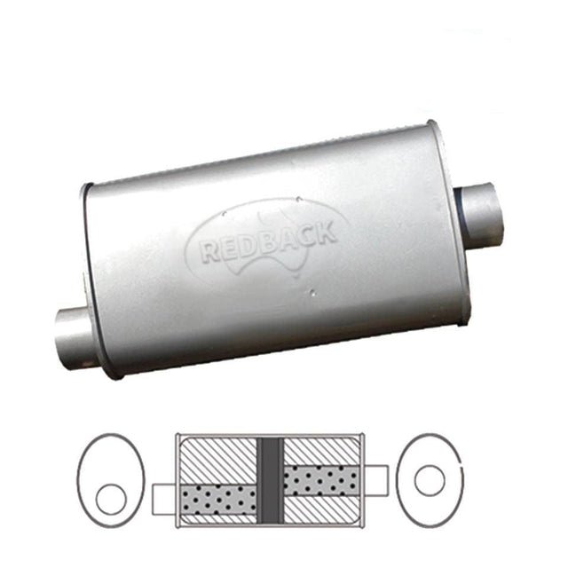 Redback - 3" Chambered Universal Muffler Offset/Centre 14"x8"x5" Oval Aluminised Steel