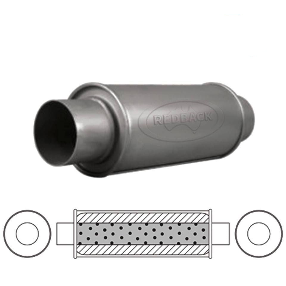 Redback - 2.5" Glass Packed Muffler C/C 12"x5" Round 409 Stainless Steel