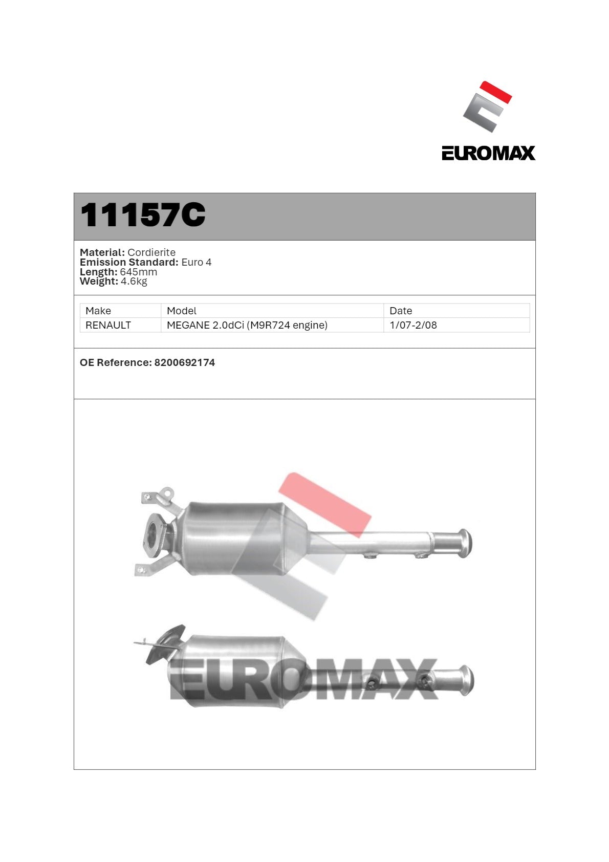DPF Kit for Renault Megane 2.0L dCi M9R (2007–2008) – Euromax Diesel Particulate Filter