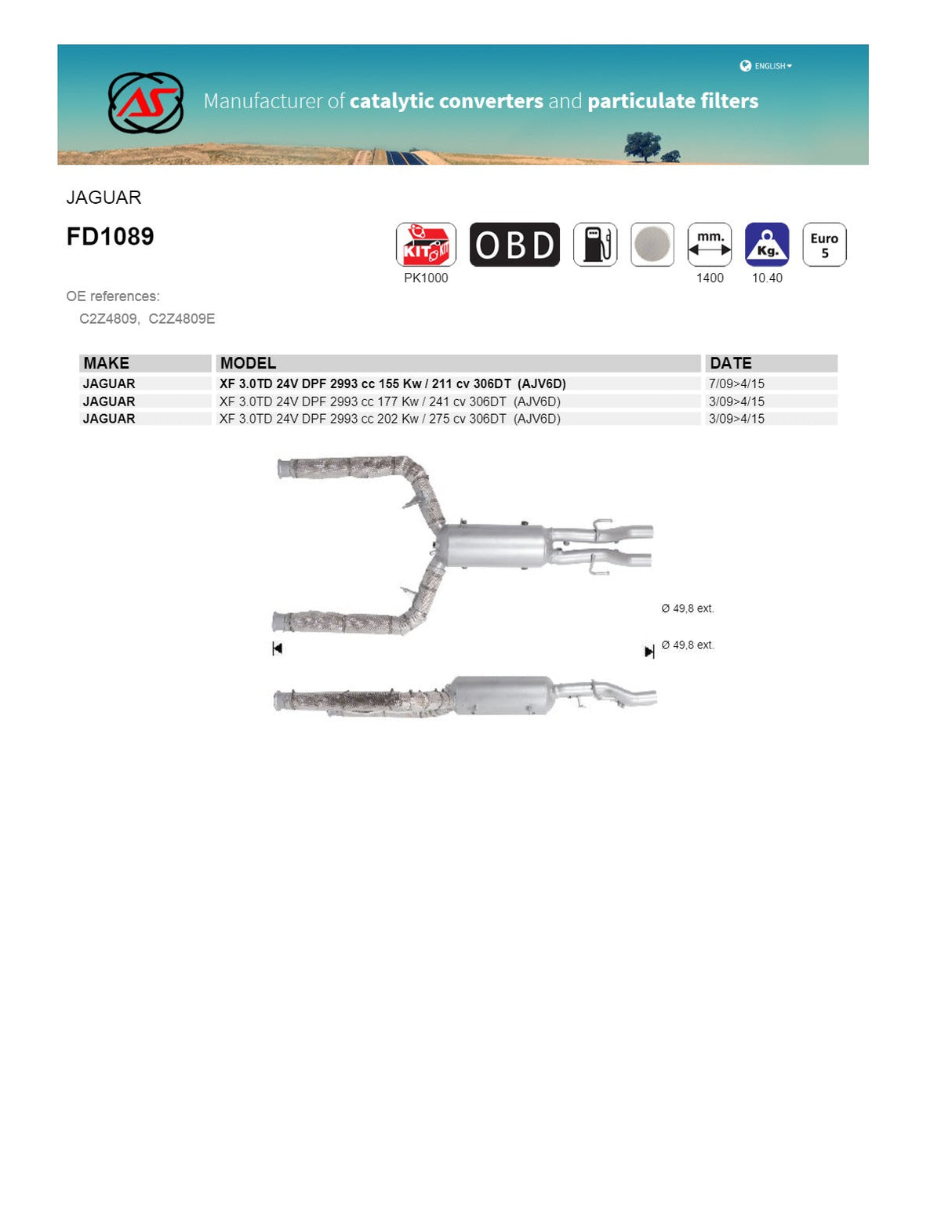 AS Catalysts - Jaguar XF Type 3.0DT ASJV6D (03/2009 - 09/2015) DPF Diesel Particulate Filter