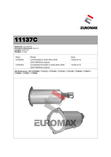 Euromax Diesel Particulate Filter Citroen C4 & C4 Picasso 2.0L Hatchback & MPV 2006–2010 - 11137C