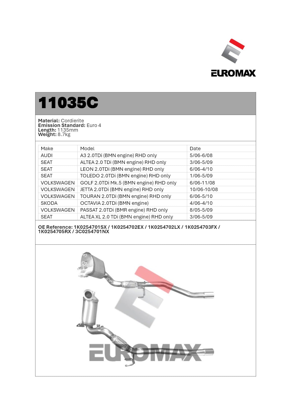 DPF Kit for Audi, Skoda, Volkswagen 2.0L – Euromax Diesel Particulate Filter