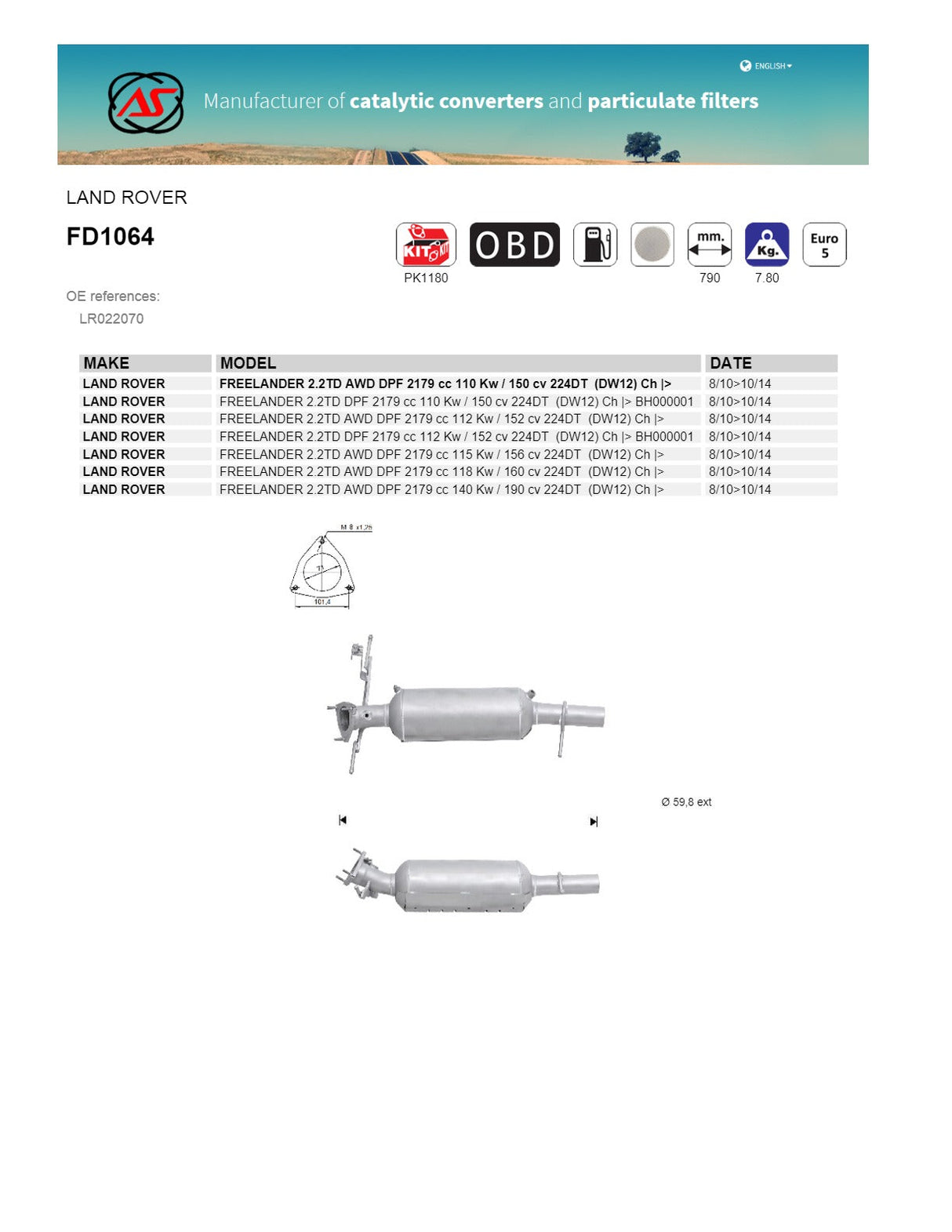 AS Catalysts - Land Rover Freelander 2.2L DPF Diesel Particulate Filter