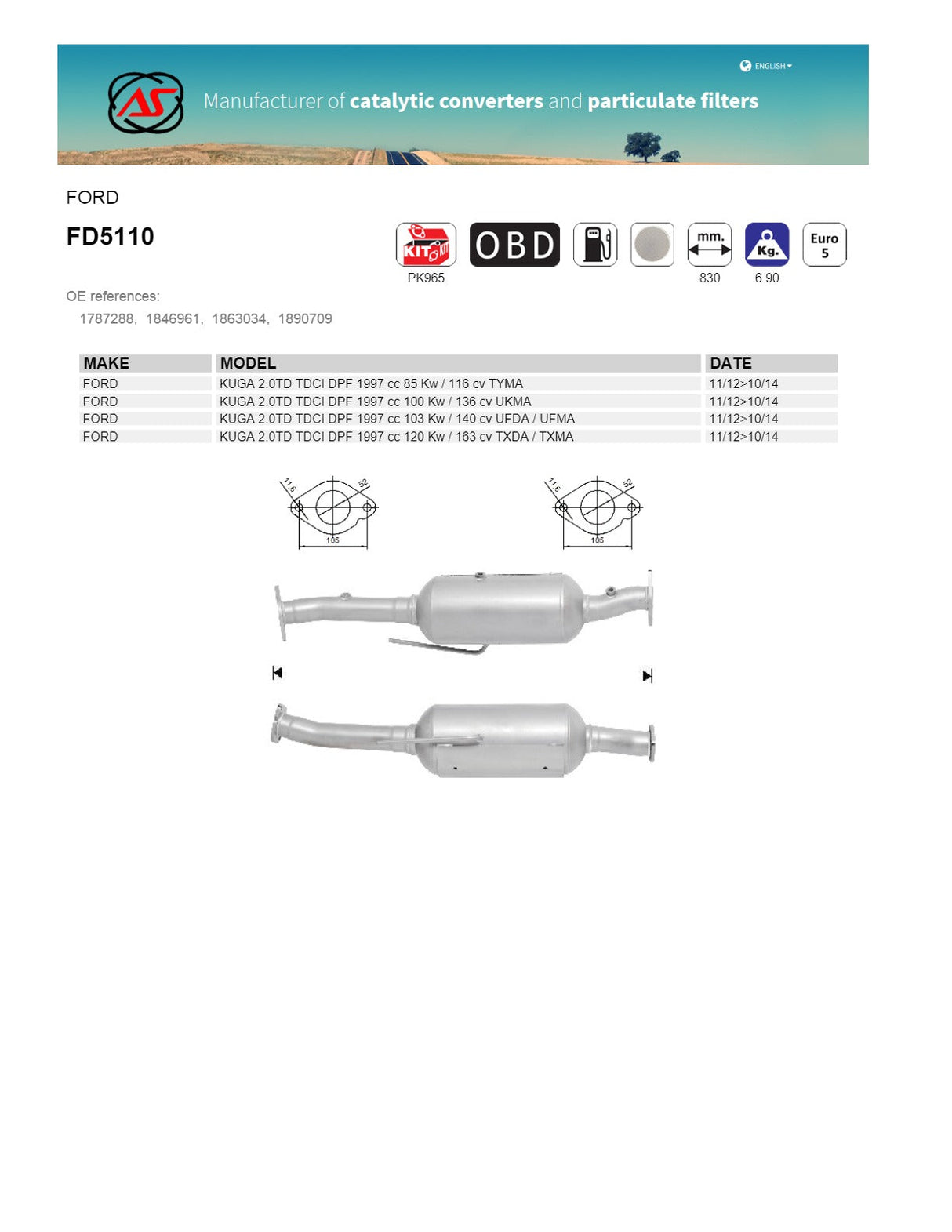 AS Catalysts - Ford Kuga 2.0L DPF Diesel Particulate Filter