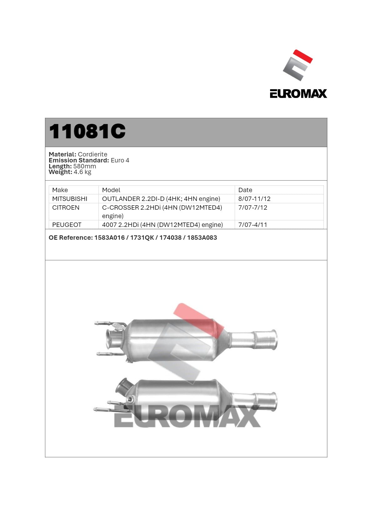DPF Kit for Peugeot 4007 2.2L – Euromax Diesel Particulate Filter
