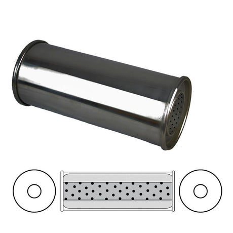 Redback - 5" Round Resonator Straight Through 3" Inlet/Outlet 12"x5"x5" Round 304 Polished Stainless Steel