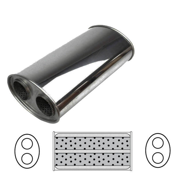 Redback - 3" Glass Packed Muffler Twin In/Twin Out 16"x8"x5" Oval 409 Stainless Steel