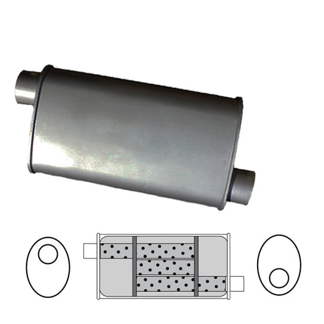 Redback 2 1/4" Triflow Universal Muffler Offset/Offset 355x254x101mm Oval Aluminised Steel Glass Packed