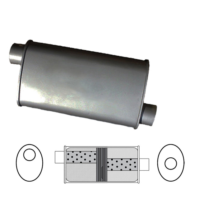 Redback - 2 1/4" Baffled Universal Muffler Offset/Centre 355x203x101mm Oval Aluminised Steel Glass Packed
