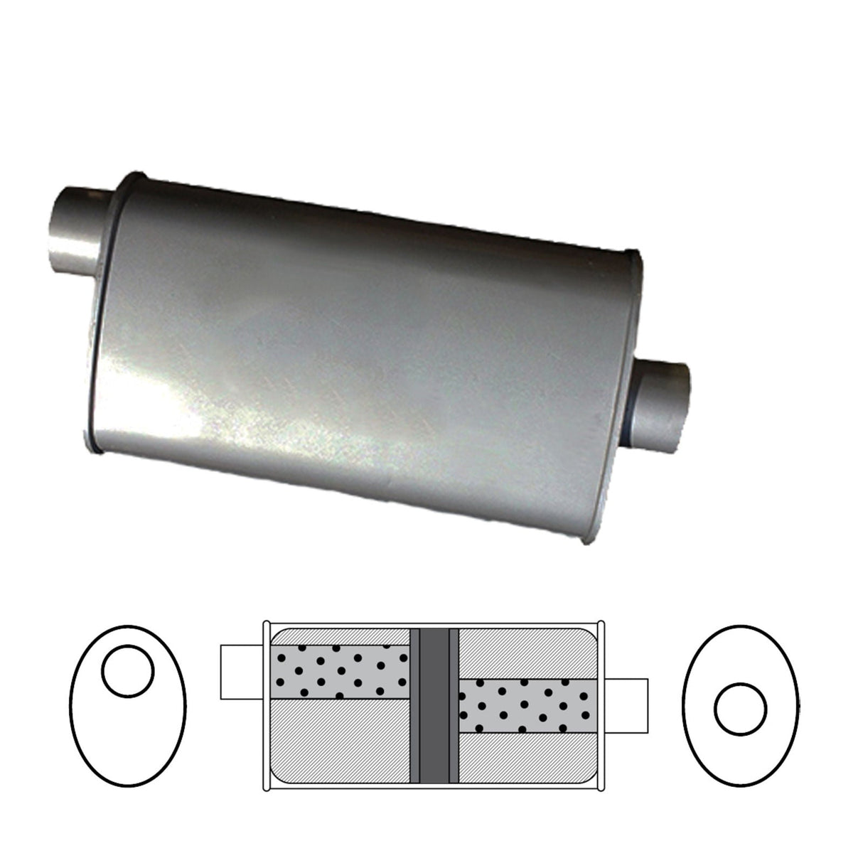 Redback - 2.25" Chambered Muffler Offset/Centre 14"x8"x4" Oval Aluminised