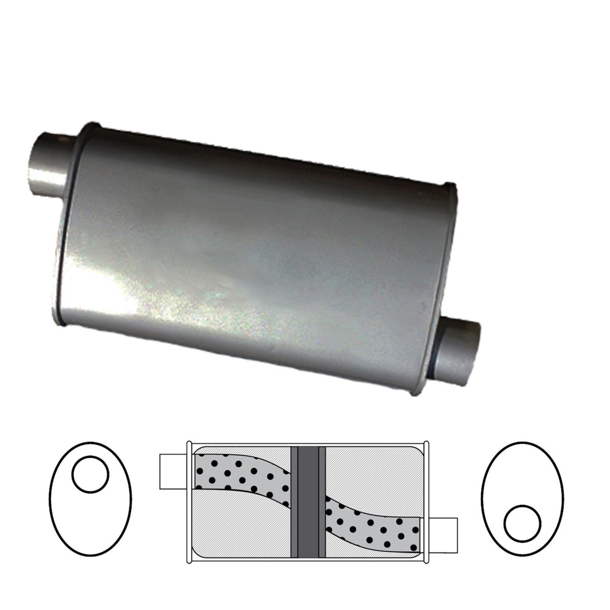 Redback - 2.25" Chambered Universal Muffler Offset/Offset 14"x8"x4" Oval Glass Packed