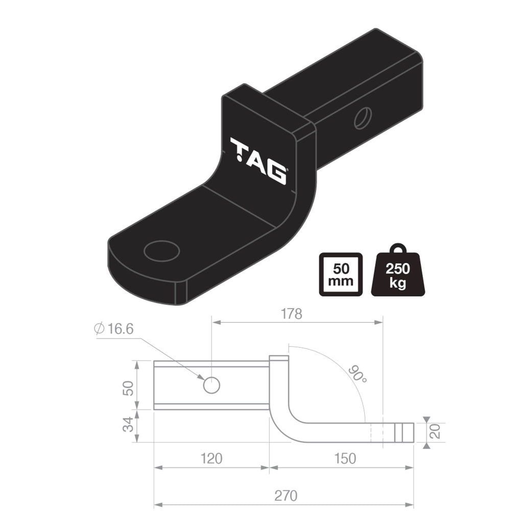 TAG | Tow Ball Mount 50mm Square Hitch | 178mm Long 14mm Drop 3000kg GTW | L4120