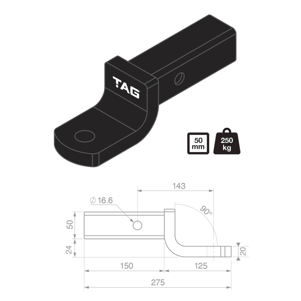 TAG | Heavy Duty Tow Ball Mount | 178mm Long 40mm Drop 50mm Square Hitch | L4120